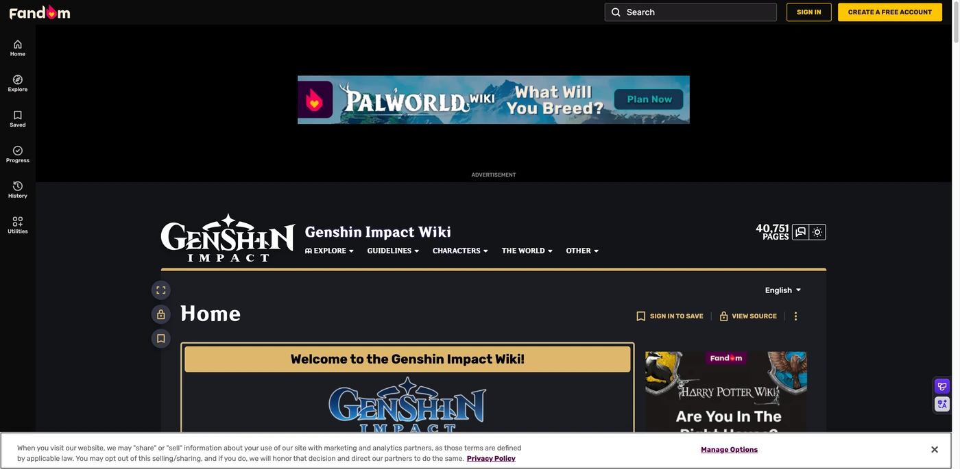 Fandom Wiki 原神页面导航截图